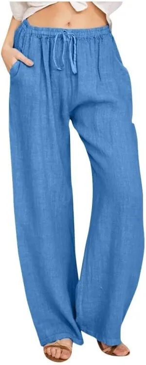 fanmpghleoo Womens Linen Pants Summer Casual Loose Wide Leg Pants Drawstring High Waisted Palazzo Pants Trousers with Pockets