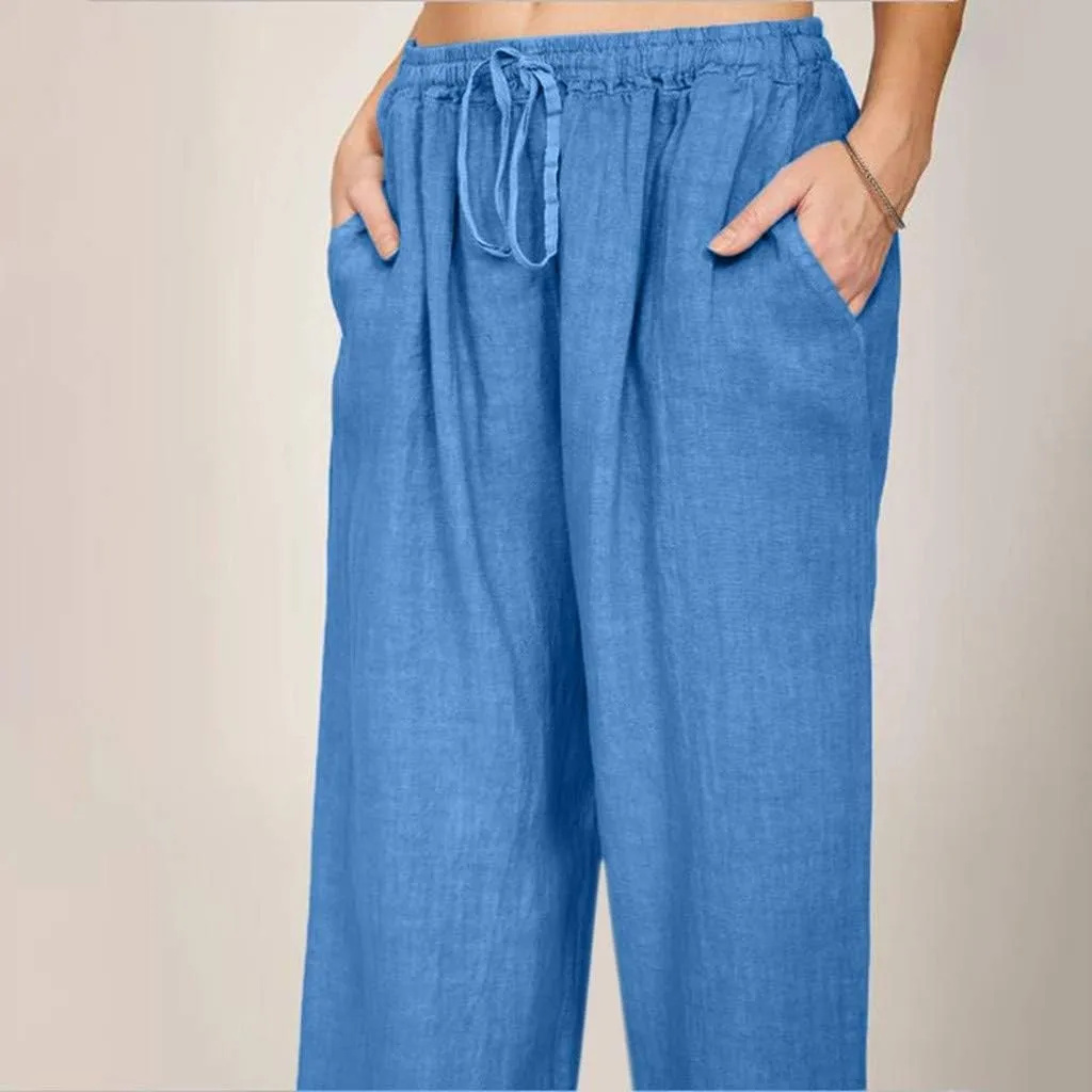fanmpghleoo Womens Linen Pants Summer Casual Loose Wide Leg Pants Drawstring High Waisted Palazzo Pants Trousers with Pockets
