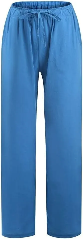 fanmpghleoo Womens Linen Pants Summer Casual Loose Wide Leg Pants Drawstring High Waisted Palazzo Pants Trousers with Pockets