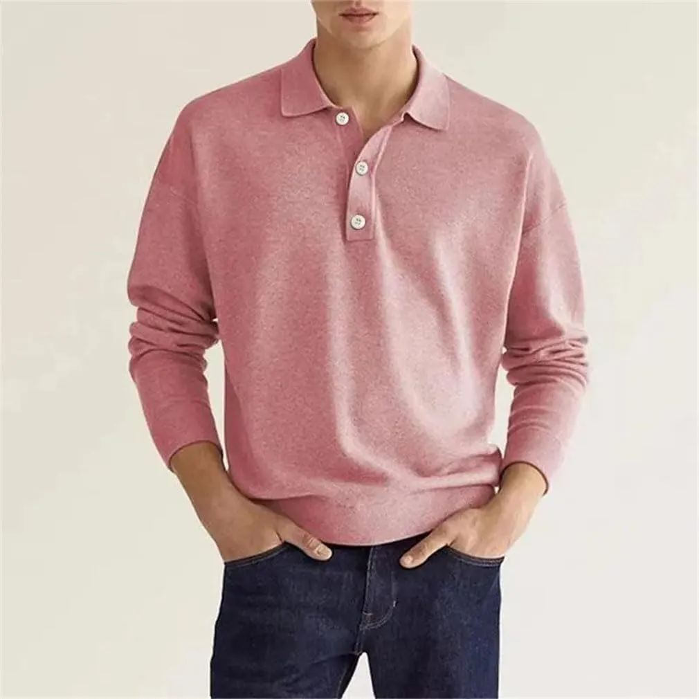 Fashion Long Sleeve V Neck Casual Shirt Men's Button Polo Shirt Collared T-Shirt Tops