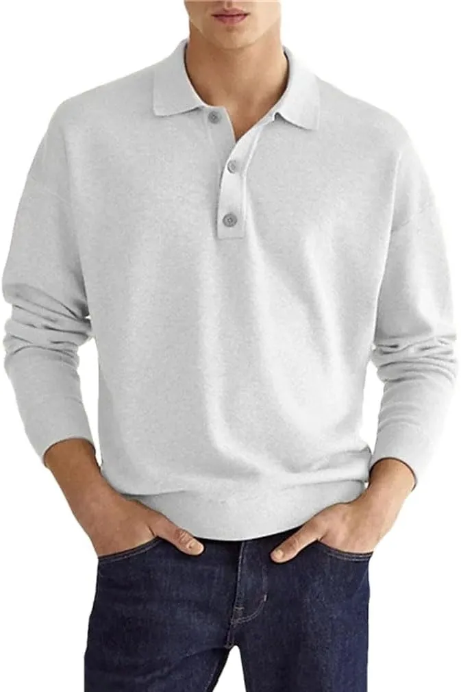 Fashion Long Sleeve V Neck Casual Shirt Men's Button Polo Shirt Collared T-Shirt Tops