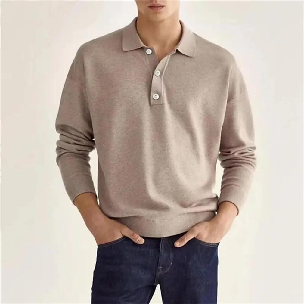 Fashion Long Sleeve V Neck Casual Shirt Men's Button Polo Shirt Collared T-Shirt Tops