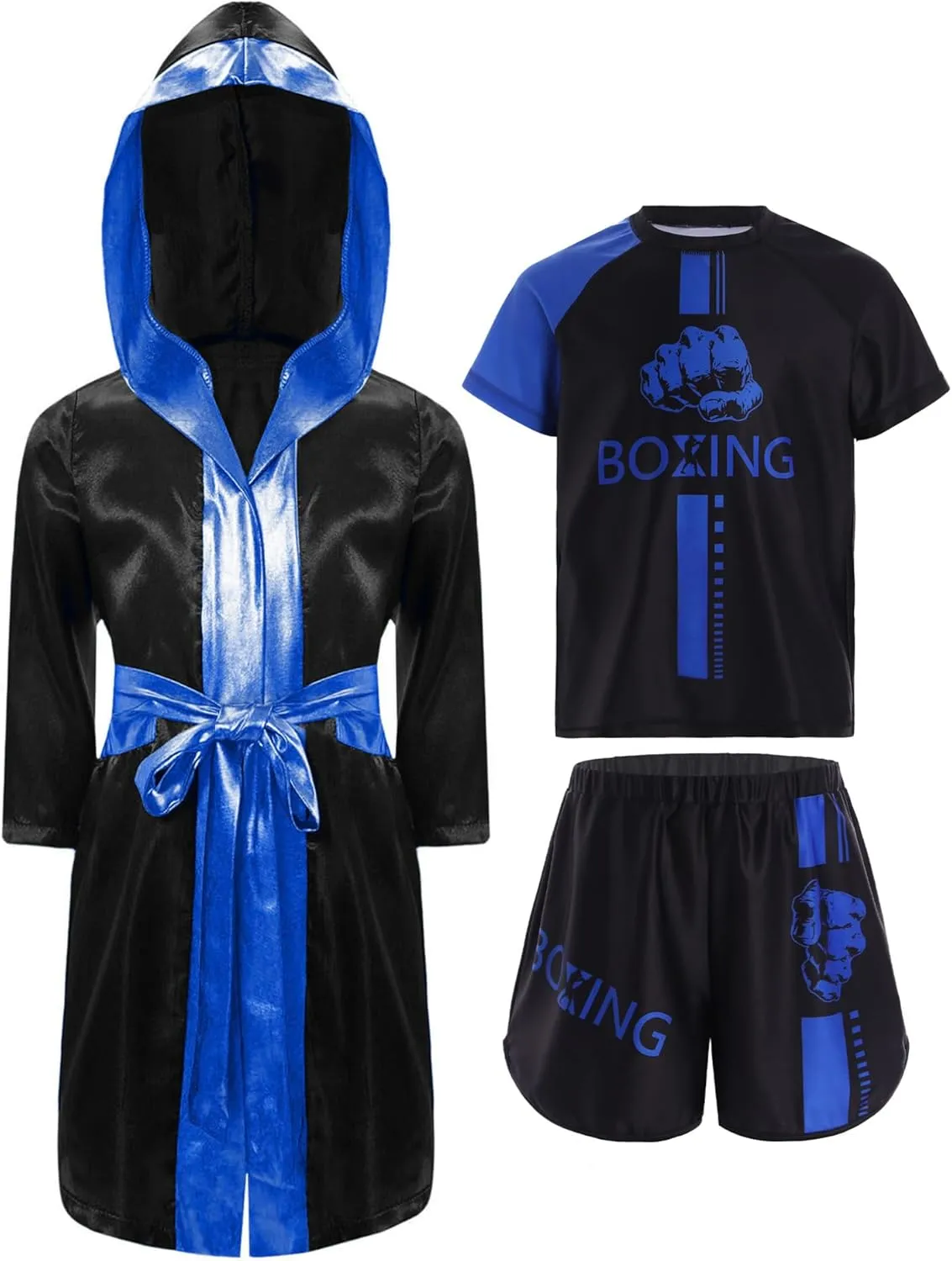 FEESHOW Kids Boys Boxing Costume 3Pcs Boxing Uniform Set Satin Boxing Robes Cloak with Shirts and Shorts
