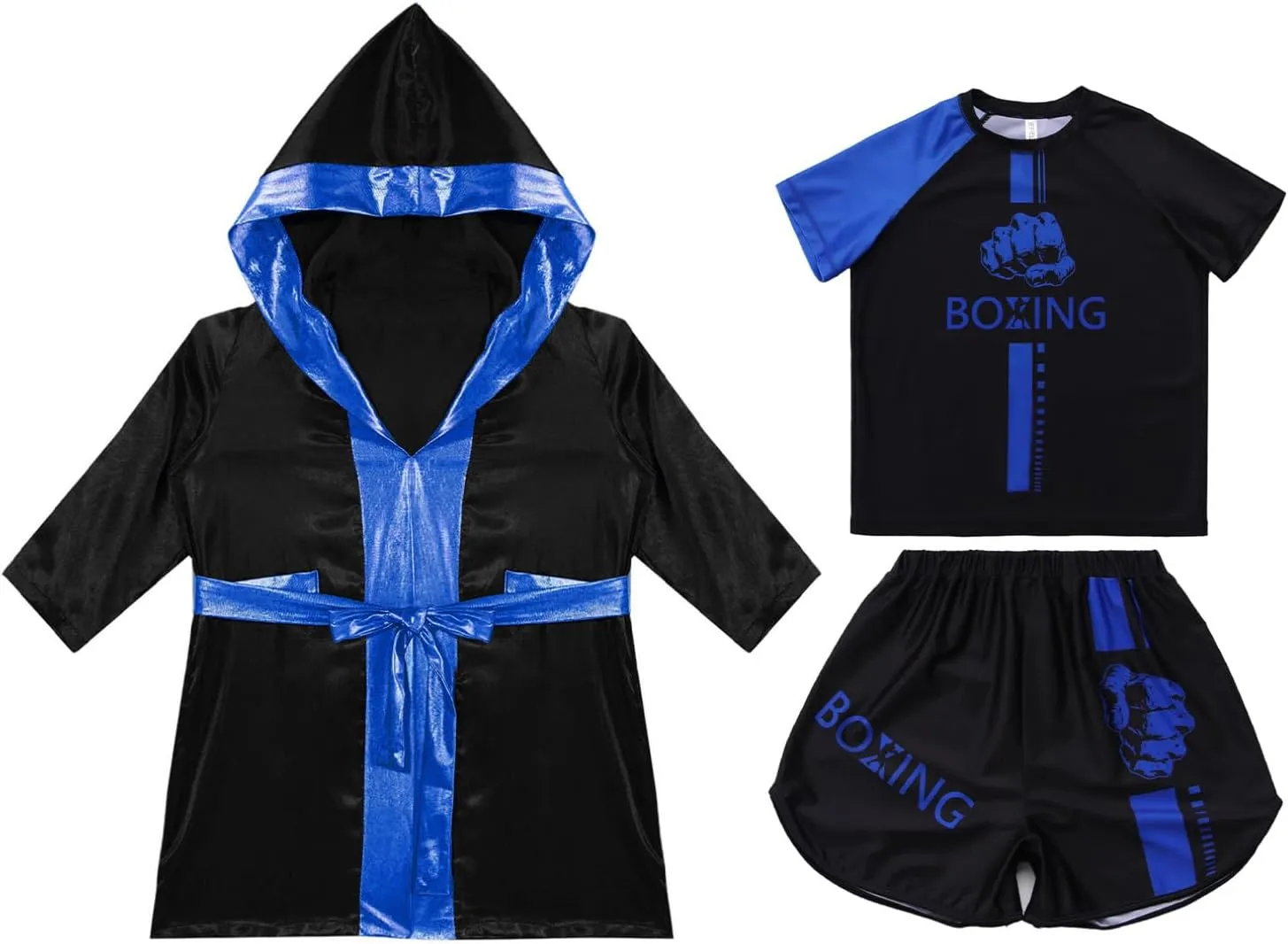 FEESHOW Kids Boys Boxing Costume 3Pcs Boxing Uniform Set Satin Boxing Robes Cloak with Shirts and Shorts