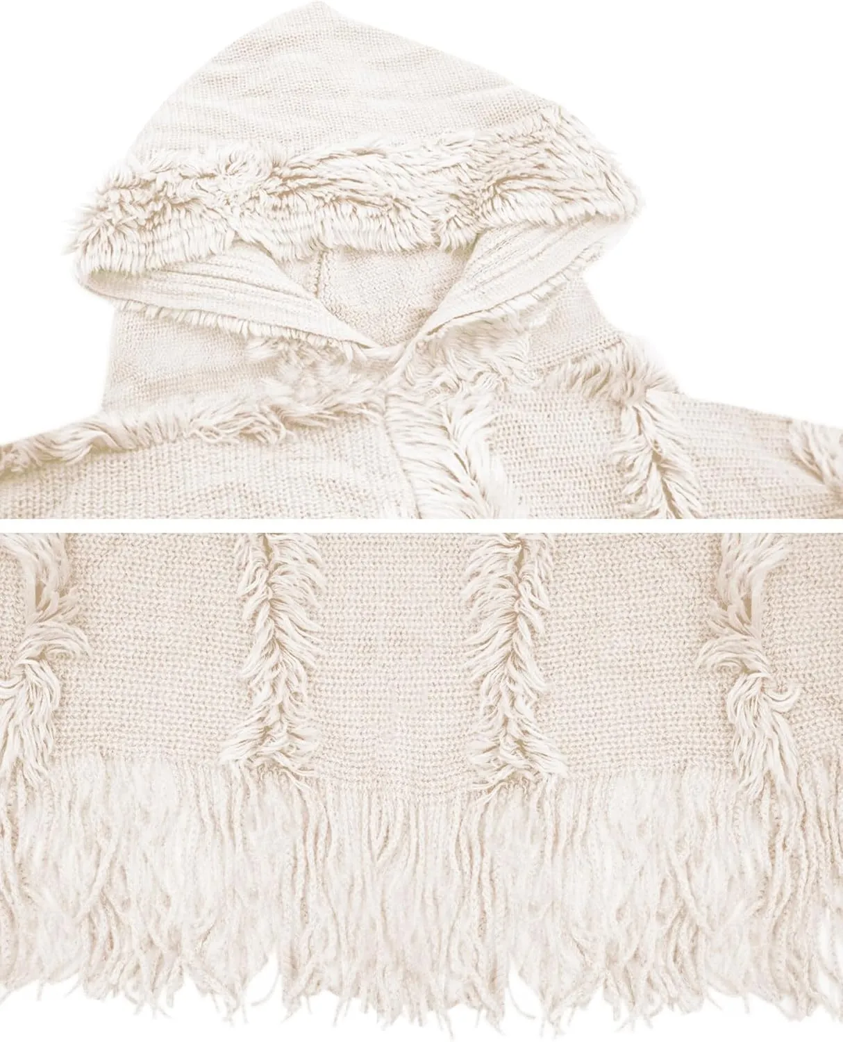 FEOYA Women's Casual Hooded Sweater Pullover with Fringe Batwing Shawls Wraps Crochet Pattern Knitted Poncho