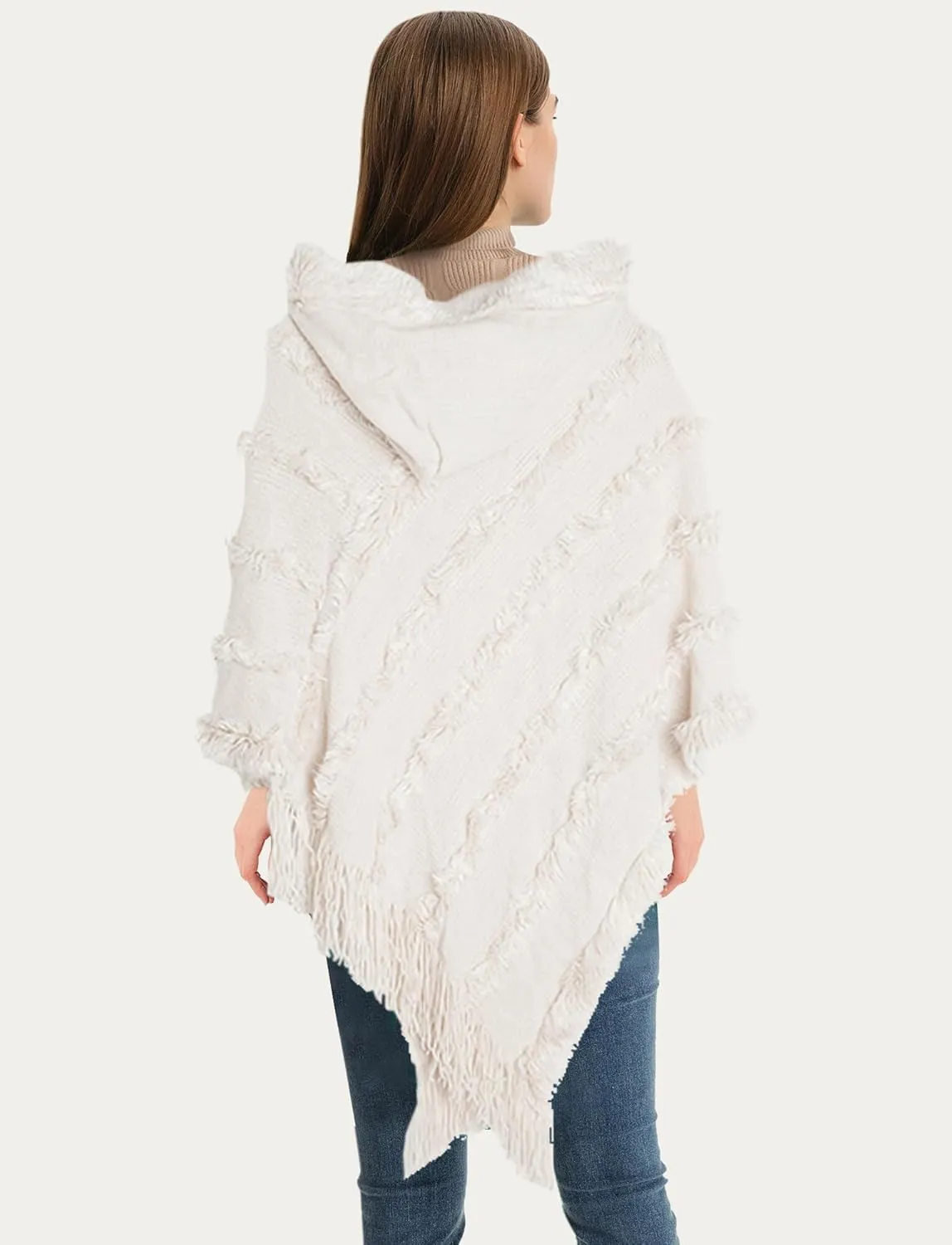FEOYA Women's Casual Hooded Sweater Pullover with Fringe Batwing Shawls Wraps Crochet Pattern Knitted Poncho