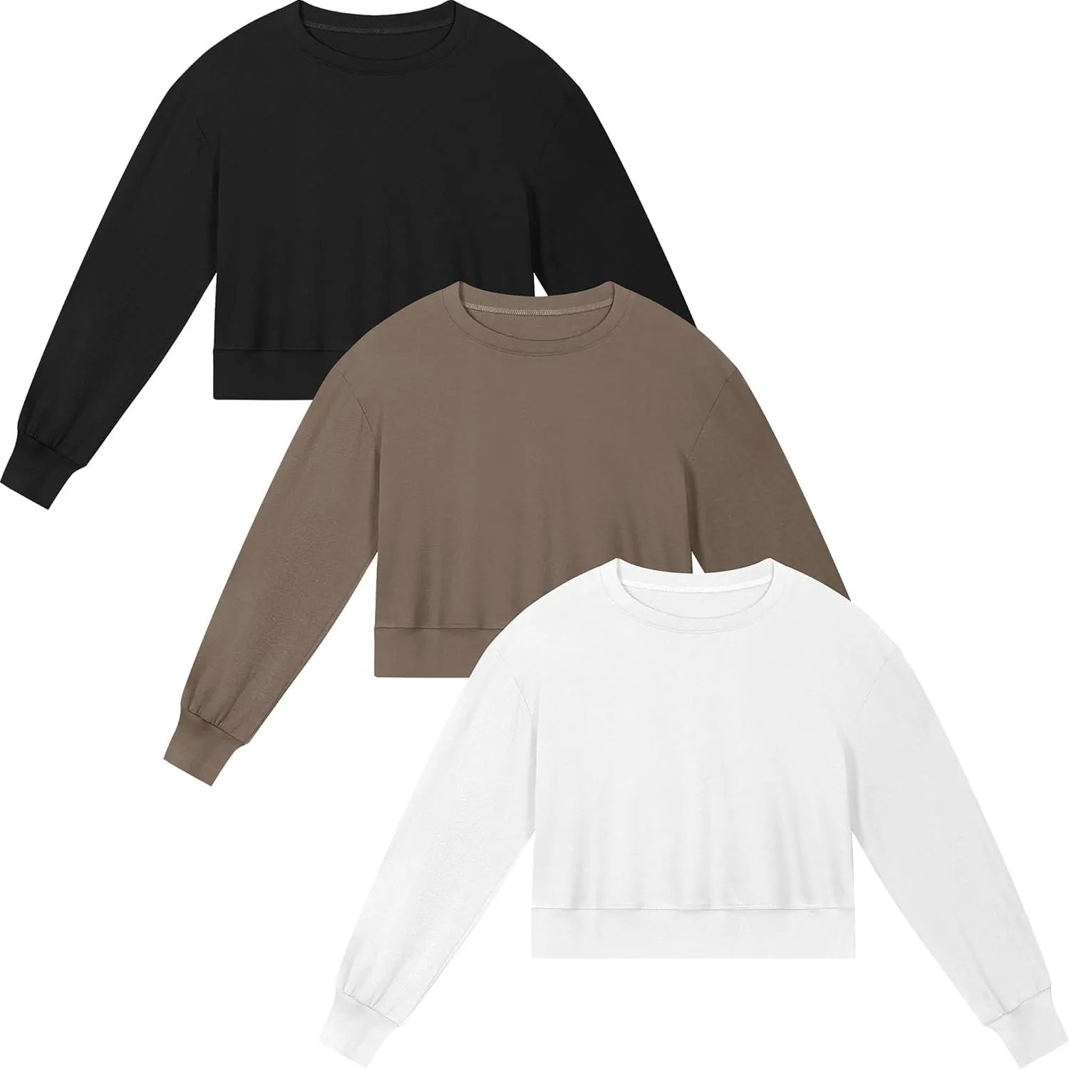 Ficerd 3 Pack Women's Cropped Sweatshirts Long Sleeve Cotton Crew Neck Pullover Tops Casual Solid Sweat Shirts