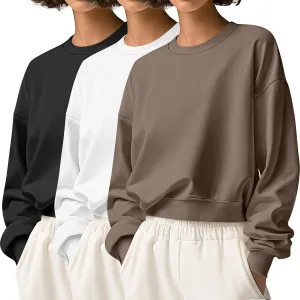 Ficerd 3 Pack Women's Cropped Sweatshirts Long Sleeve Cotton Crew Neck Pullover Tops Casual Solid Sweat Shirts
