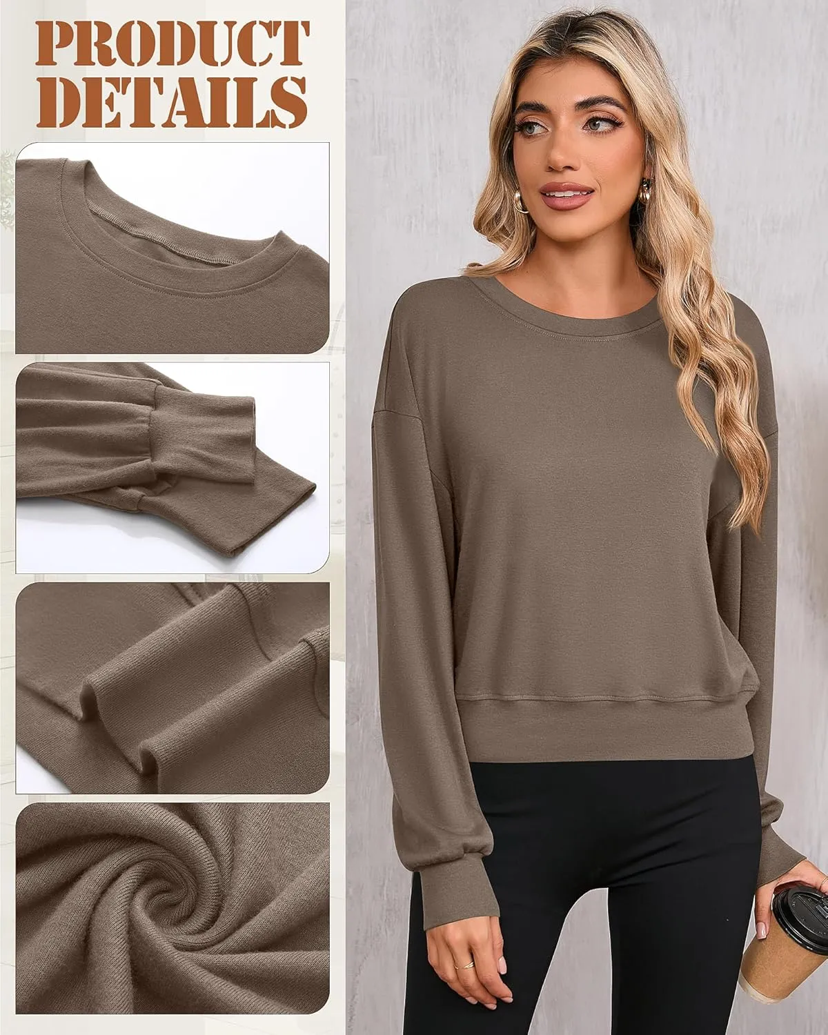 Ficerd 3 Pack Women's Cropped Sweatshirts Long Sleeve Cotton Crew Neck Pullover Tops Casual Solid Sweat Shirts
