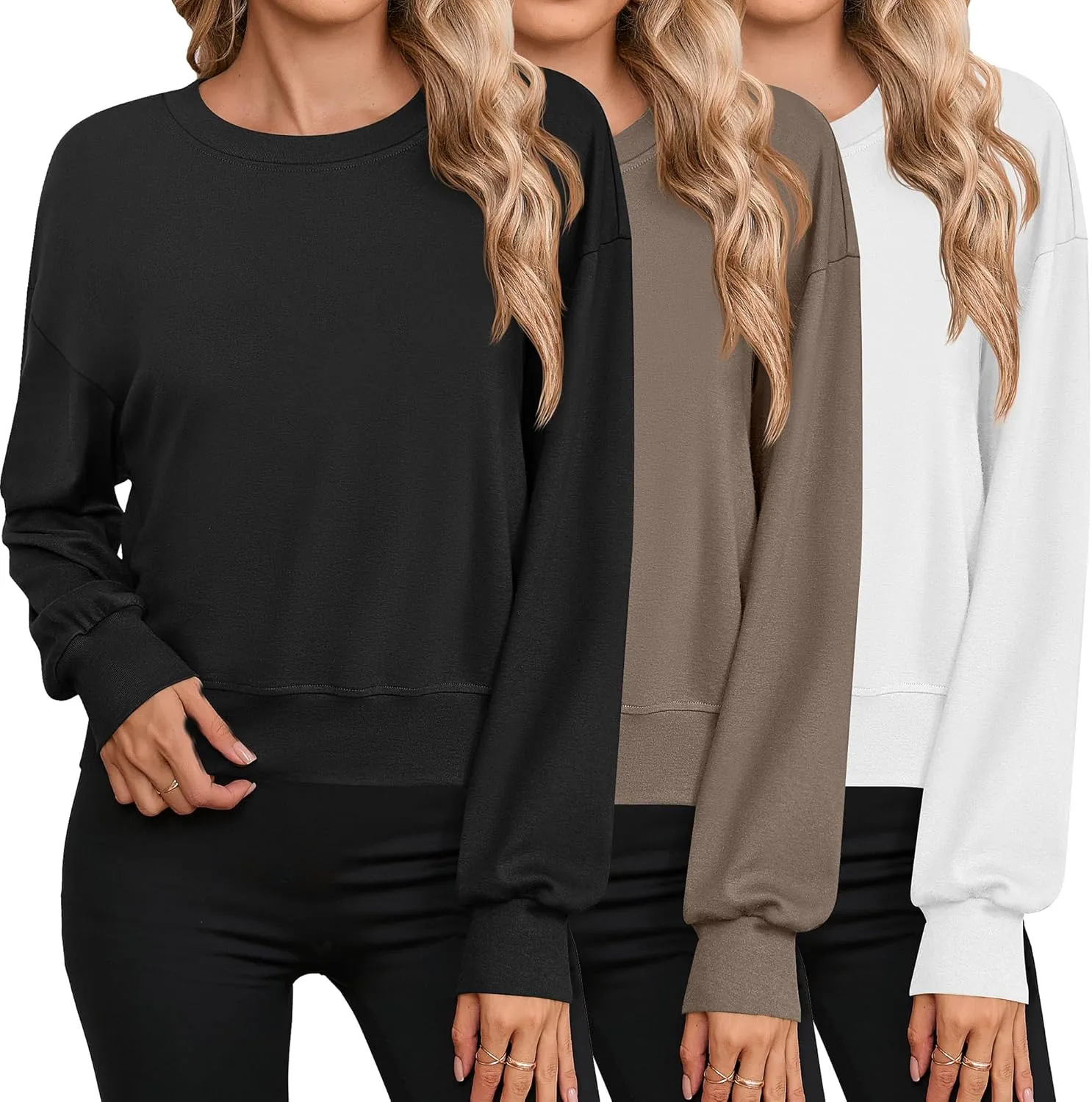 Ficerd 3 Pack Women's Cropped Sweatshirts Long Sleeve Cotton Crew Neck Pullover Tops Casual Solid Sweat Shirts
