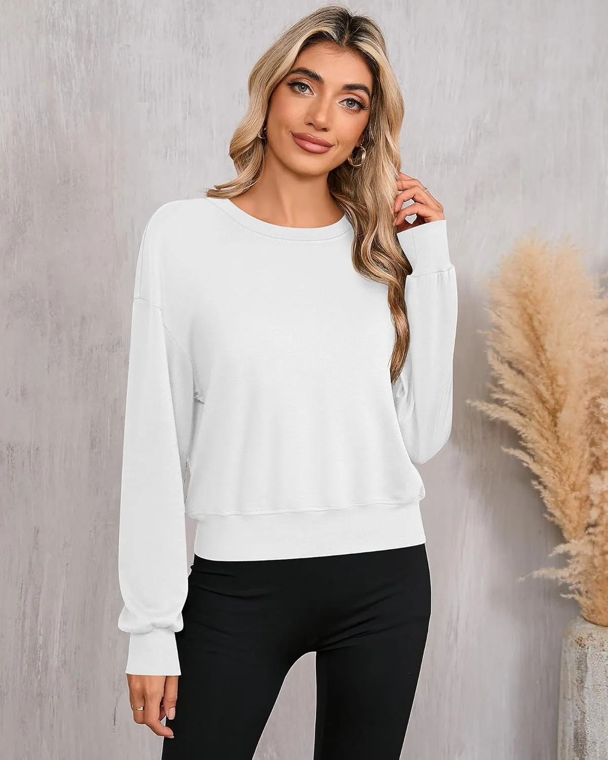 Ficerd 3 Pack Women's Cropped Sweatshirts Long Sleeve Cotton Crew Neck Pullover Tops Casual Solid Sweat Shirts
