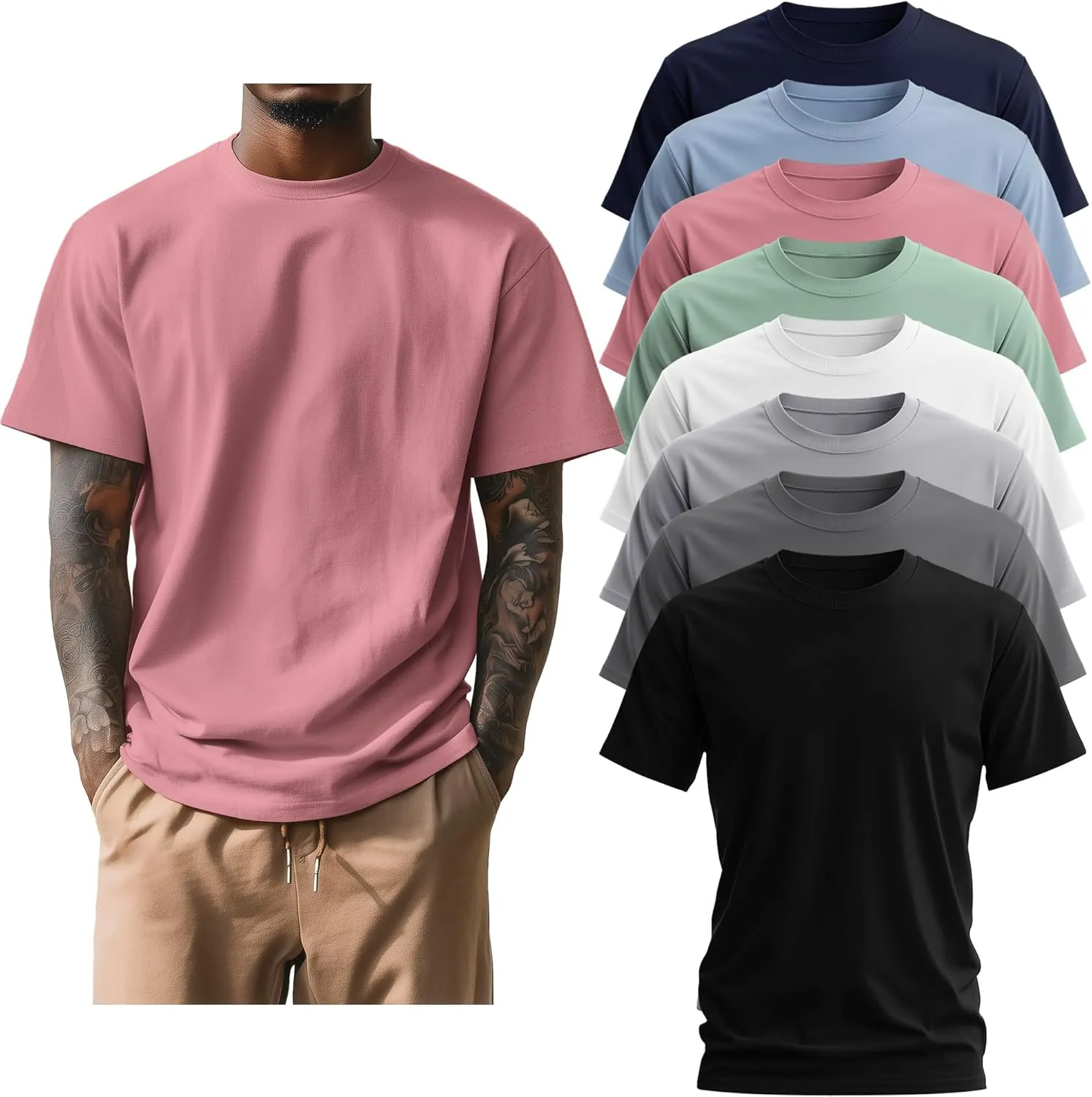 Ficerd 8 Pack Men's Big and Tall Shirts Short Sleeve Cotton Tee Summer Crew Neck Top Multipack