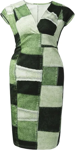 Floerns Women's Plus Size Patchwork V Neck Dress Cap Sleeve Midi Bodycon Dresses