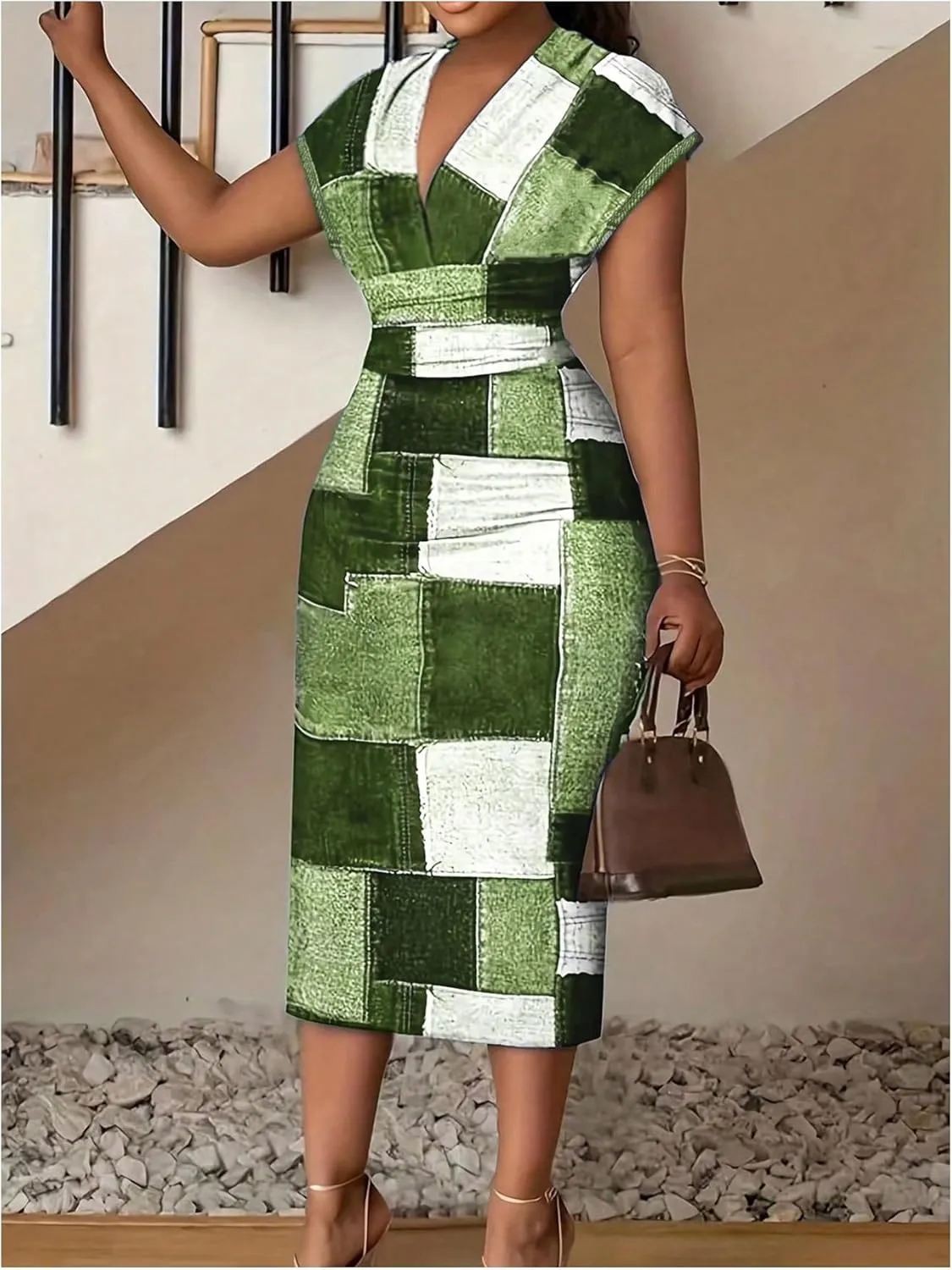 Floerns Women's Plus Size Patchwork V Neck Dress Cap Sleeve Midi Bodycon Dresses