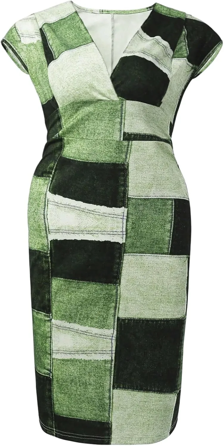 Floerns Women's Plus Size Patchwork V Neck Dress Cap Sleeve Midi Bodycon Dresses