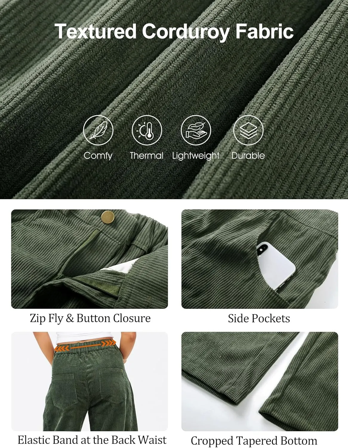 Flygo Womens Corduroy Pants Mid Rise Corduroy Barrel Pants Wide Leg Elastic Waist Cord Pants Casual Baggy Trousers