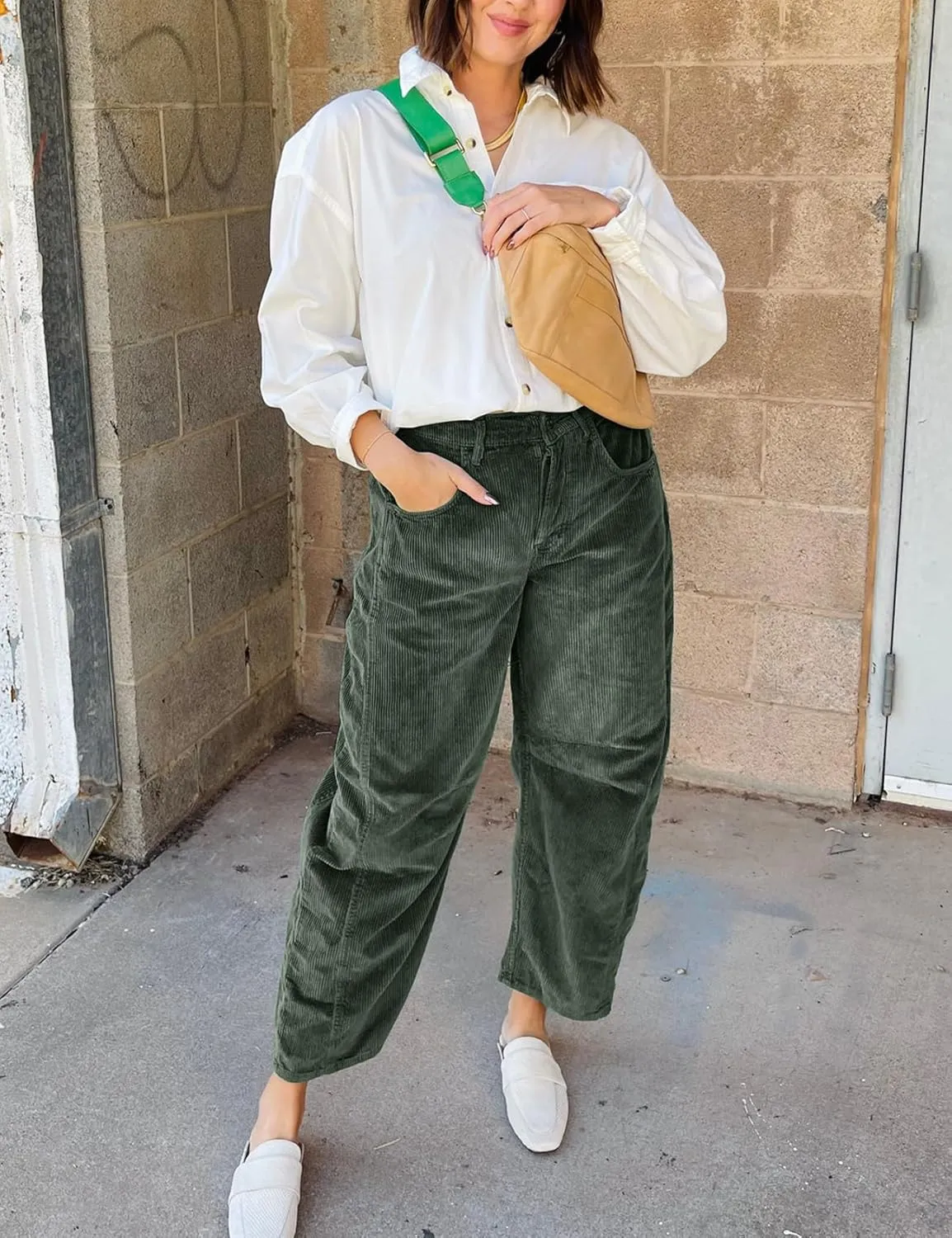 Flygo Womens Corduroy Pants Mid Rise Corduroy Barrel Pants Wide Leg Elastic Waist Cord Pants Casual Baggy Trousers