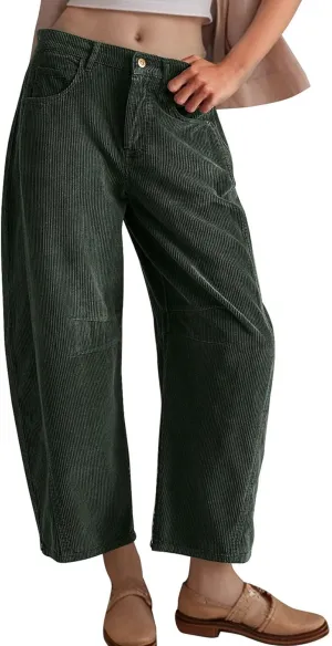 Flygo Womens Corduroy Pants Mid Rise Corduroy Barrel Pants Wide Leg Elastic Waist Cord Pants Casual Baggy Trousers