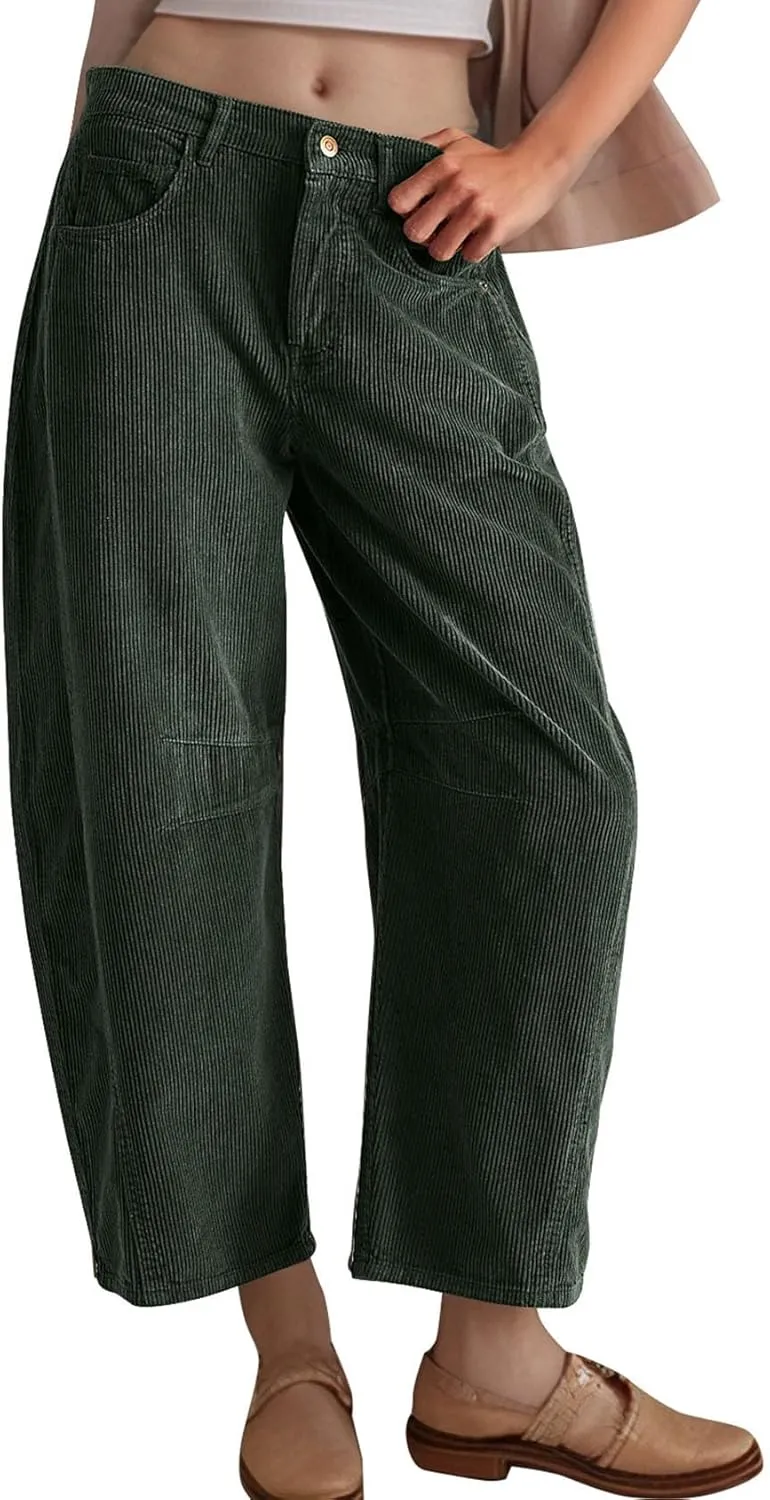 Flygo Womens Corduroy Pants Mid Rise Corduroy Barrel Pants Wide Leg Elastic Waist Cord Pants Casual Baggy Trousers