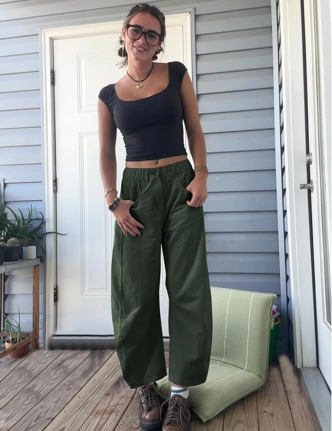 Flygo Womens Corduroy Pants Mid Rise Corduroy Barrel Pants Wide Leg Elastic Waist Cord Pants Casual Baggy Trousers