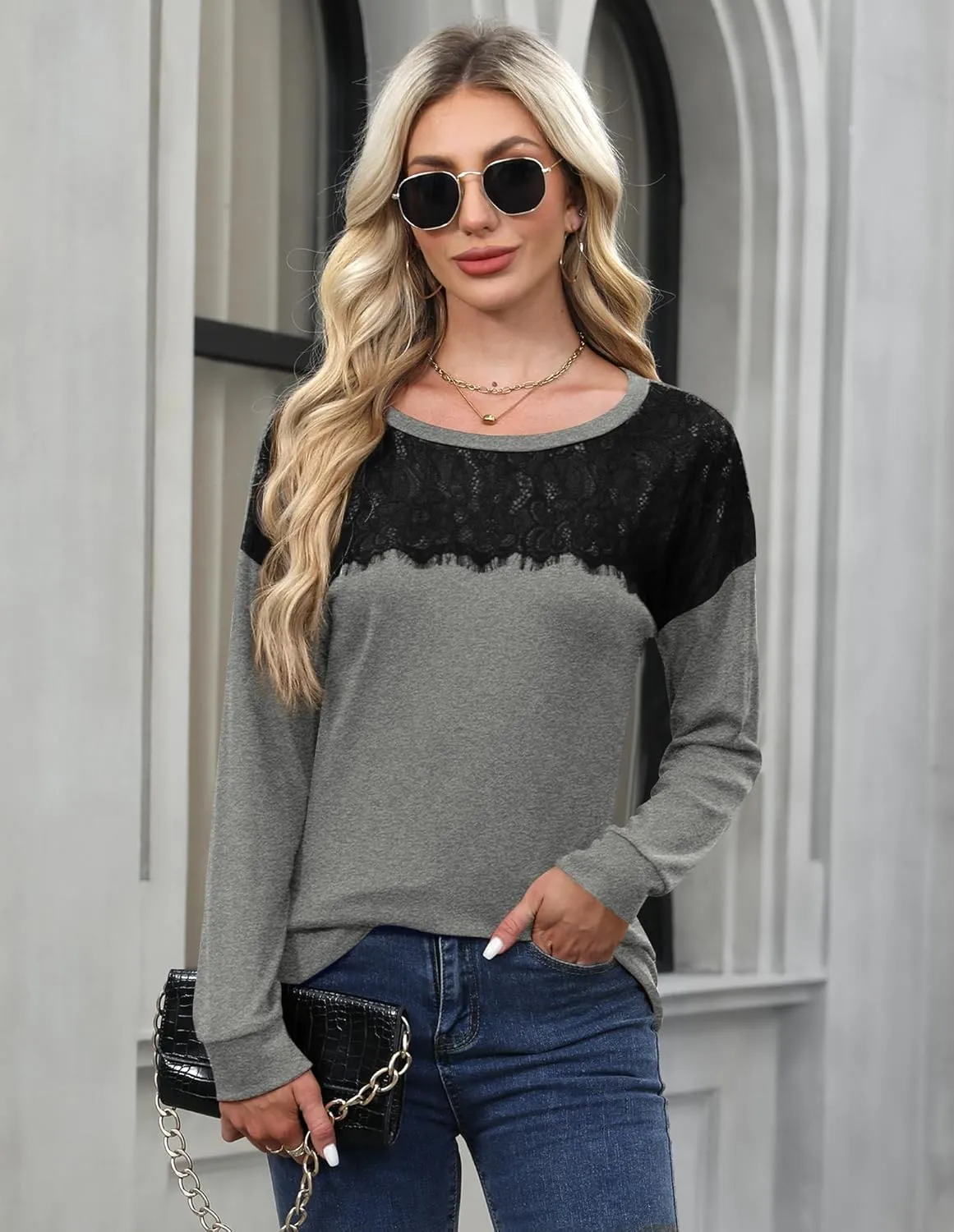 For G and PL Women's 2024 Fall Winter Long Sleeve Crewneck Lace Top Shirt Dressy Casual Elegant Sweatshirt