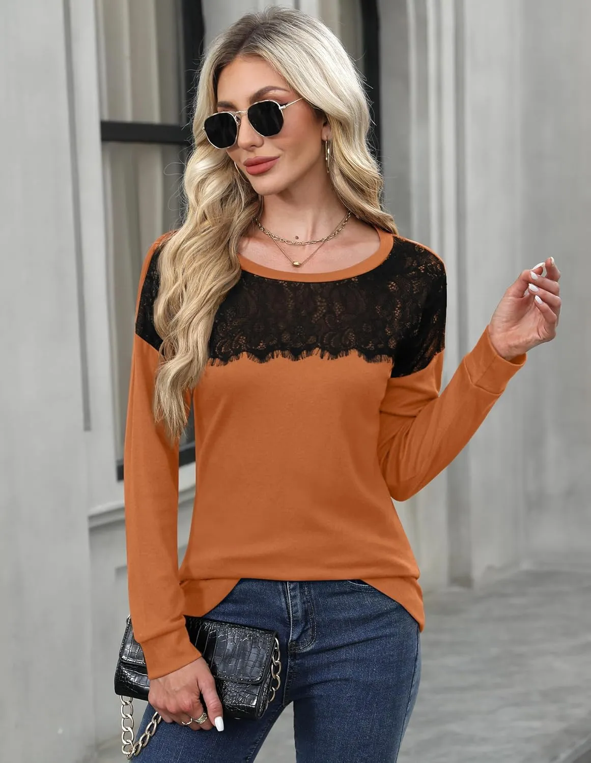 For G and PL Women's 2024 Fall Winter Long Sleeve Crewneck Lace Top Shirt Dressy Casual Elegant Sweatshirt