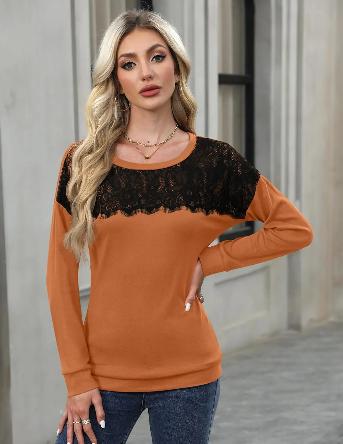 For G and PL Women's 2024 Fall Winter Long Sleeve Crewneck Lace Top Shirt Dressy Casual Elegant Sweatshirt