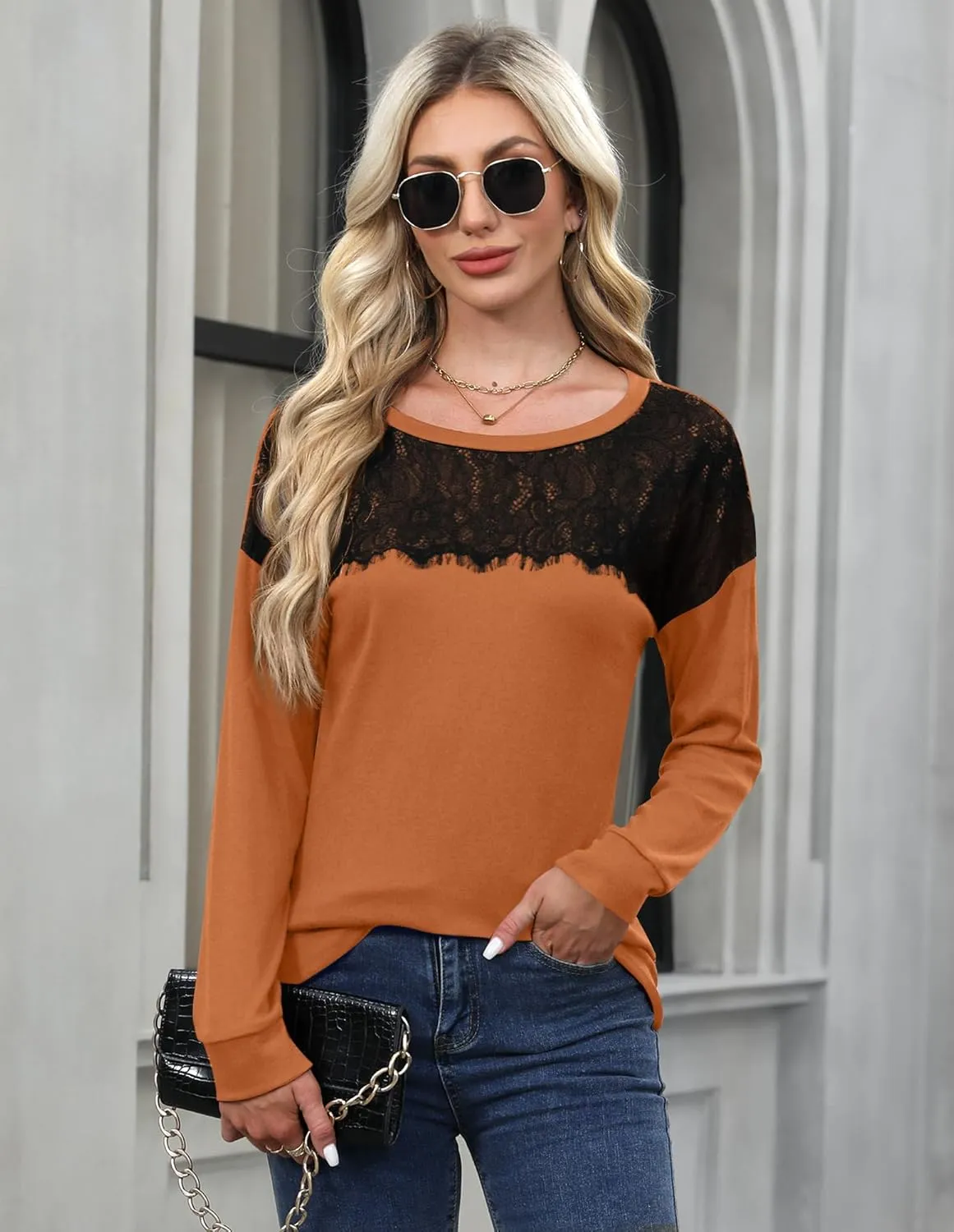 For G and PL Women's 2024 Fall Winter Long Sleeve Crewneck Lace Top Shirt Dressy Casual Elegant Sweatshirt