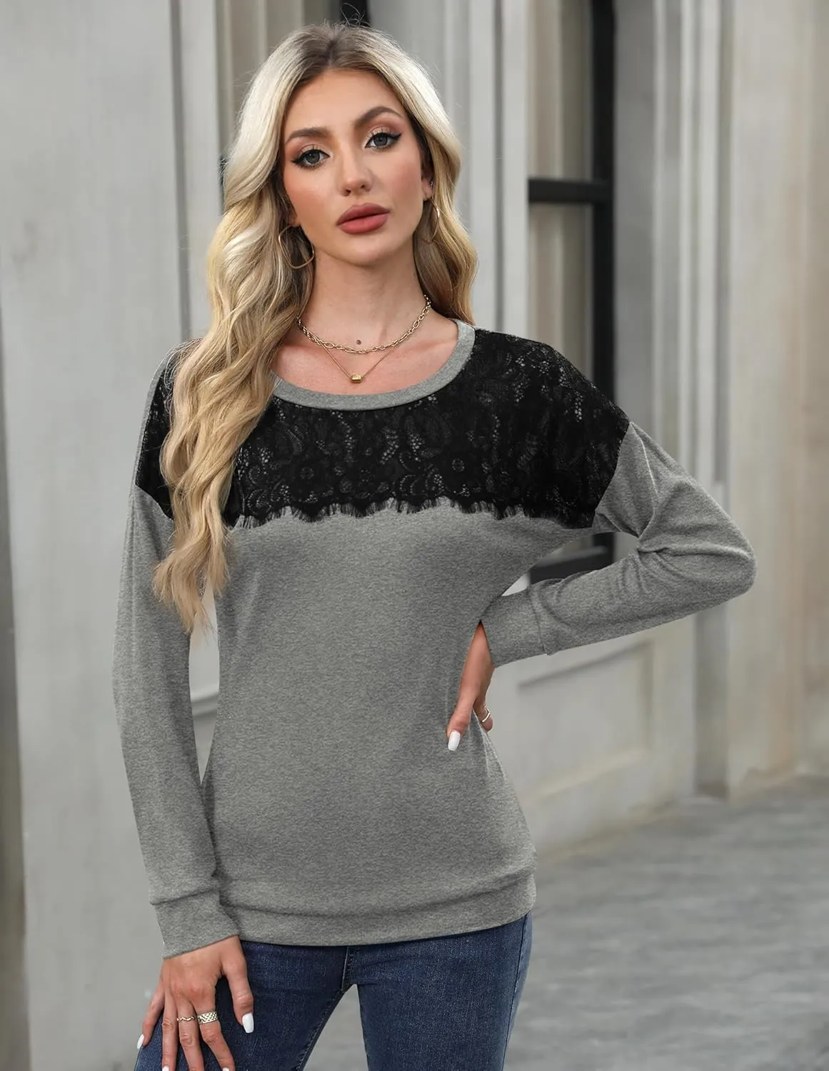 For G and PL Women's 2024 Fall Winter Long Sleeve Crewneck Lace Top Shirt Dressy Casual Elegant Sweatshirt