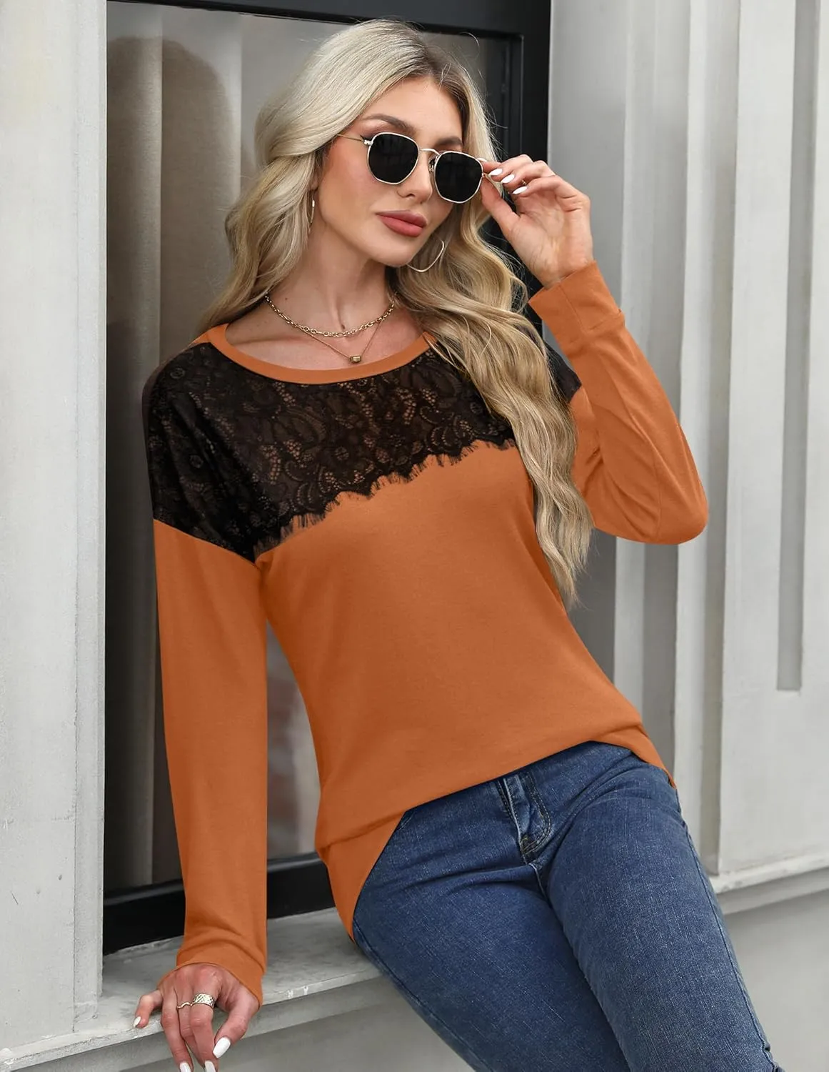 For G and PL Women's 2024 Fall Winter Long Sleeve Crewneck Lace Top Shirt Dressy Casual Elegant Sweatshirt