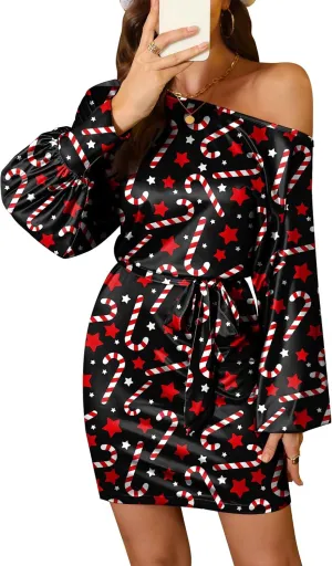 For G and PL Women's Christmas Adjustable Drawstring Puff Long Sleeve Off Shoulder Mini Dress