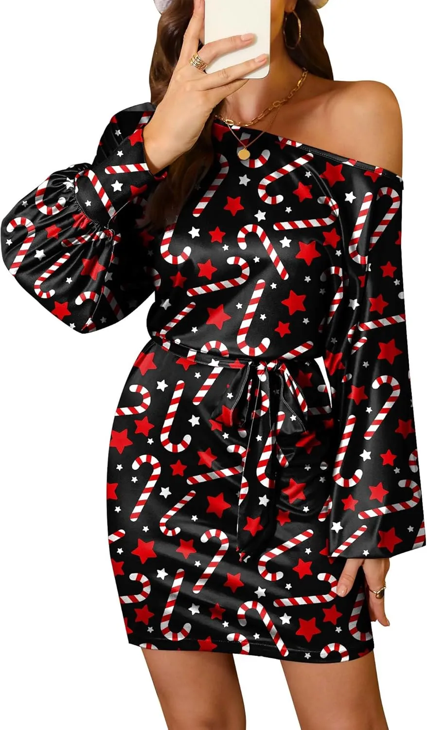 For G and PL Women's Christmas Adjustable Drawstring Puff Long Sleeve Off Shoulder Mini Dress