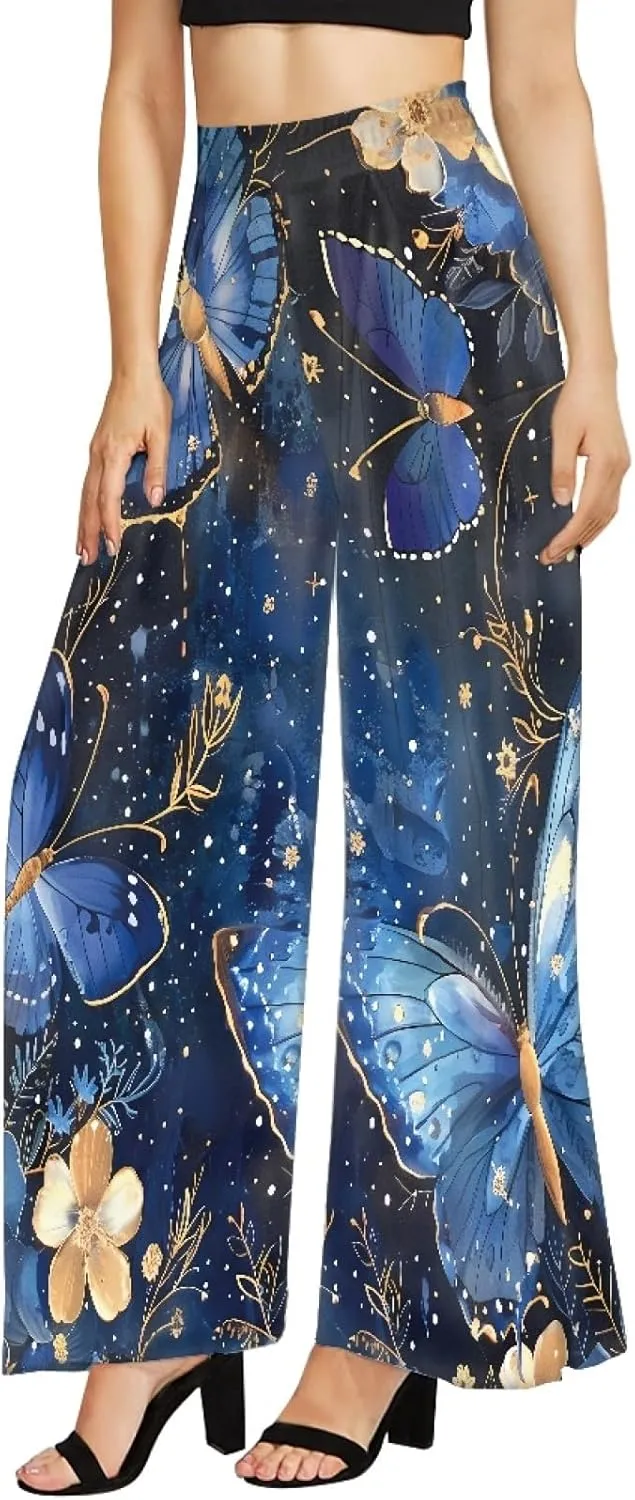 Forchrinse Pink Plum Blossom Womens Wide Leg Pants High Waist Long Palazzo Pants Floral Flared Lounge Pants Plus Size