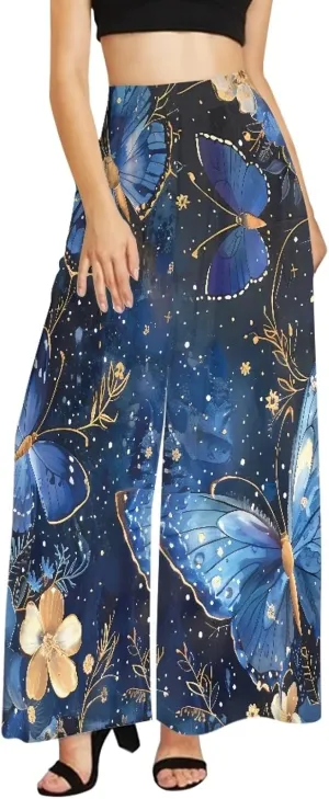 Forchrinse Pink Plum Blossom Womens Wide Leg Pants High Waist Long Palazzo Pants Floral Flared Lounge Pants Plus Size