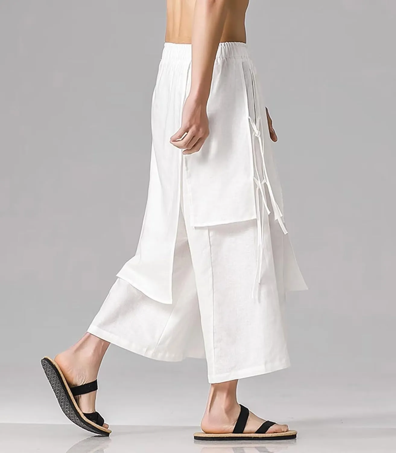 FTIMILD Men's Casual Japanese Wide Leg Harem Pants Baggy Elastic Waist Skirt Pants Leightweight Breathable Pnats