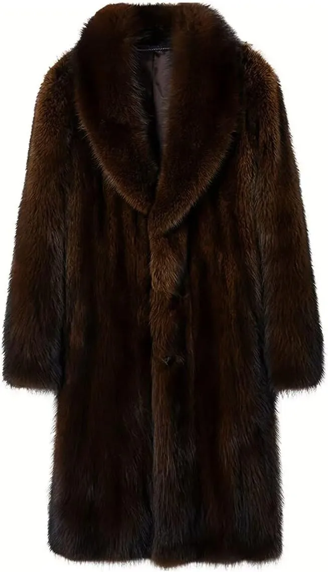 FTIMILD Men's Long Faux Fur Coat Single Breasted Warm Winter Trench Coat Fluffy Thick Overcoat