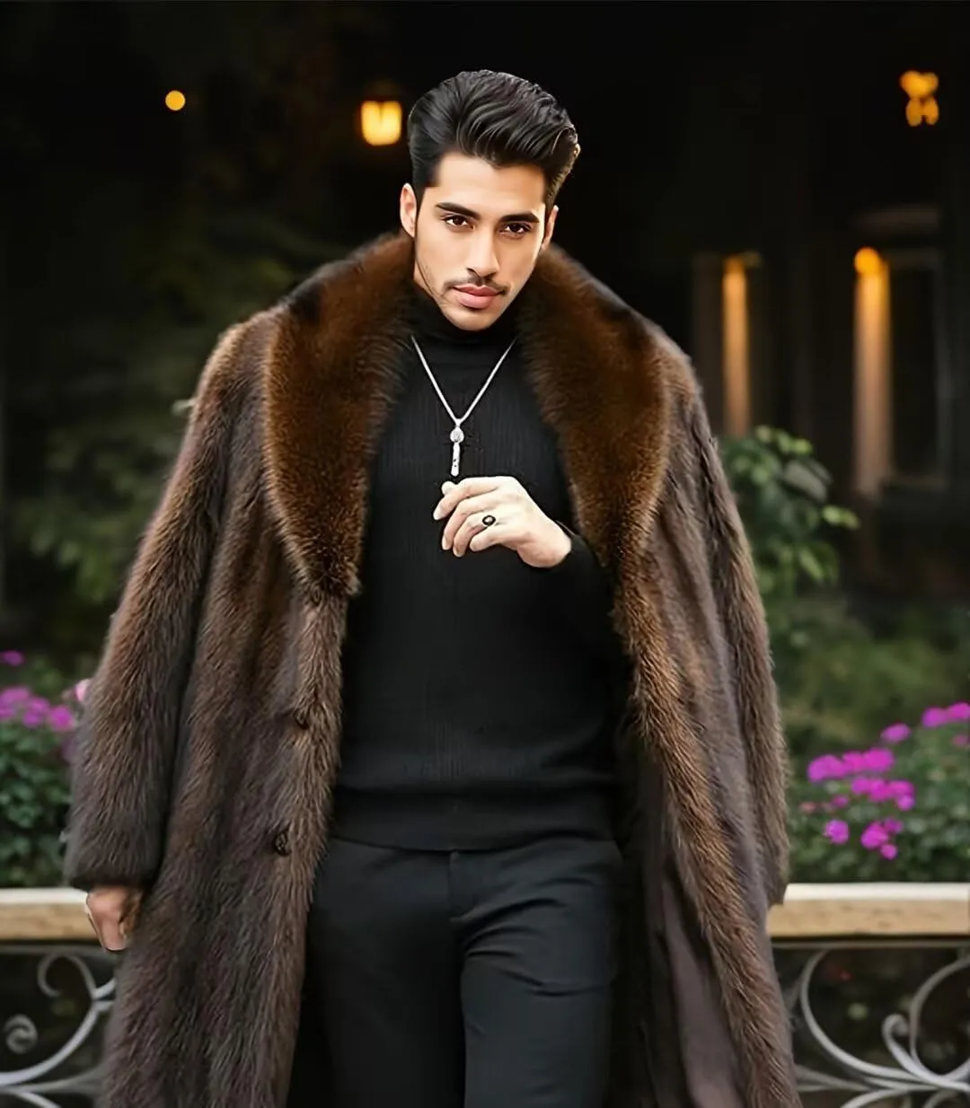 FTIMILD Men's Long Faux Fur Coat Single Breasted Warm Winter Trench Coat Fluffy Thick Overcoat