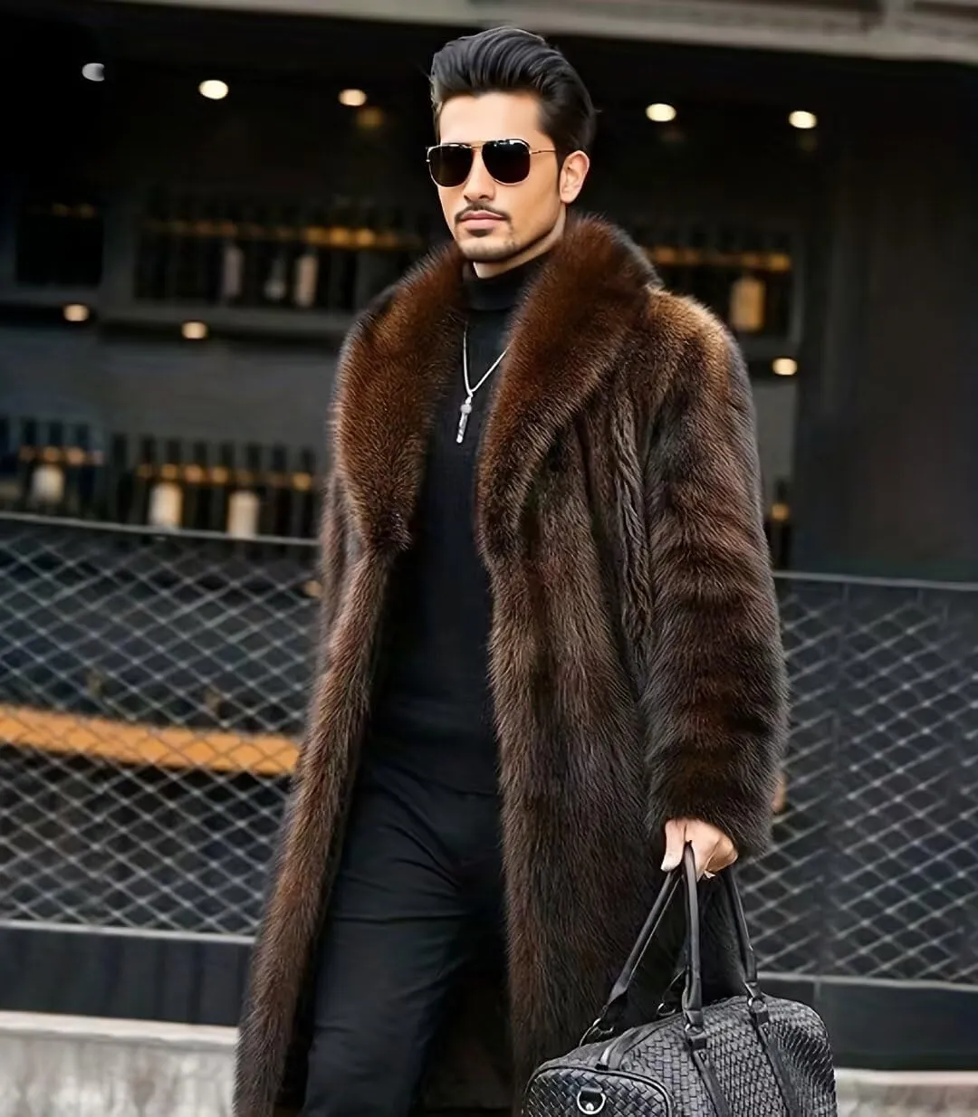 FTIMILD Men's Long Faux Fur Coat Single Breasted Warm Winter Trench Coat Fluffy Thick Overcoat