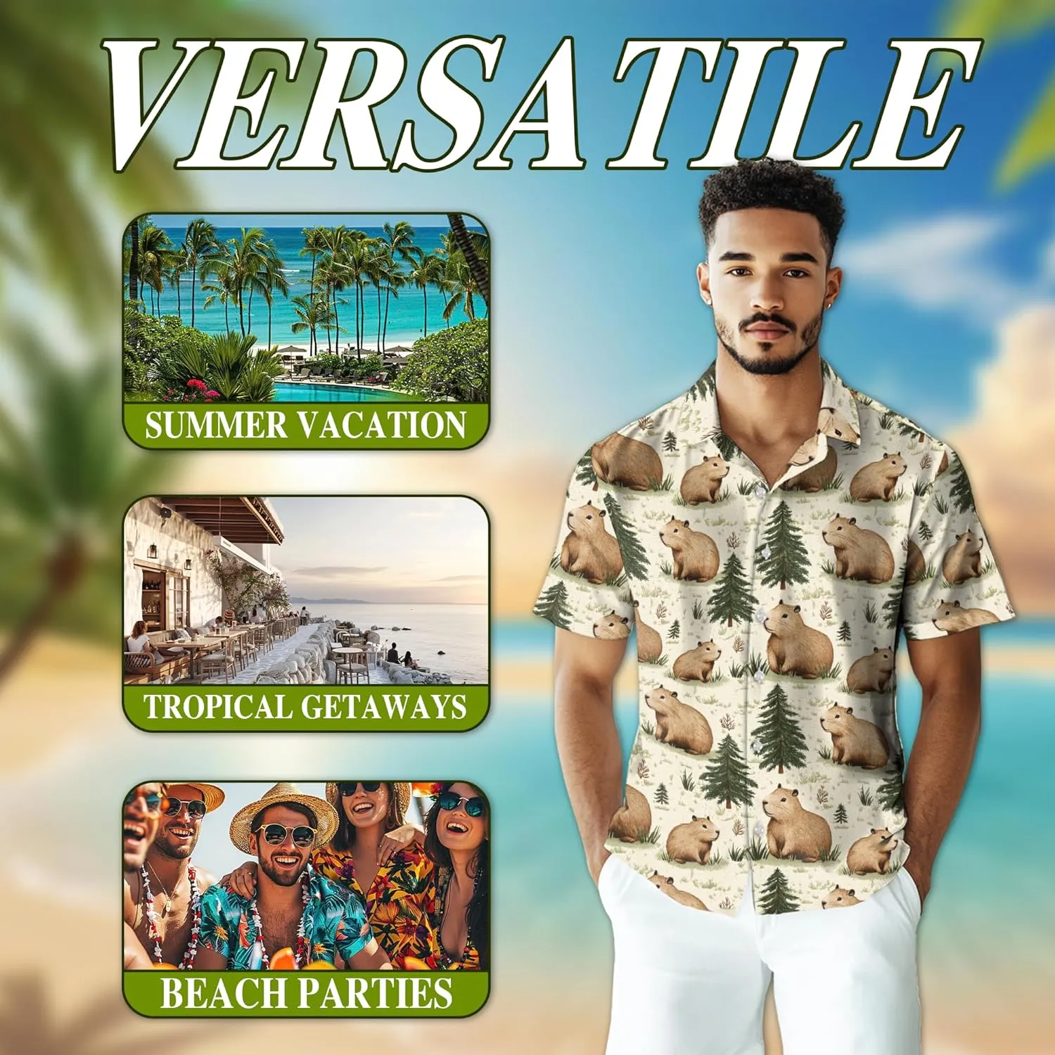 Funny Alligator Pattern Hawaiian Shirt for Men, Button Down Summer Beach Short Sleeve, Tropical Style, Sizes S-5XL