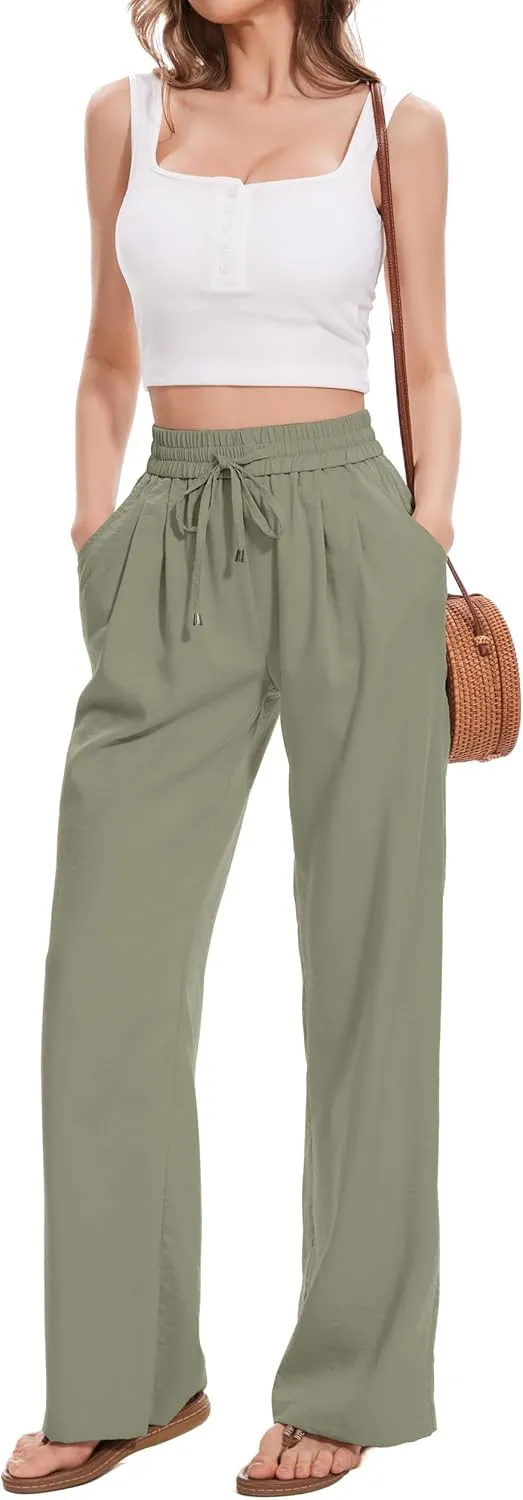 FUNYYZO 2025 Women Summer Pants Drawstring Waist Wide Leg Pants Loose Fit with Pockets Pull On