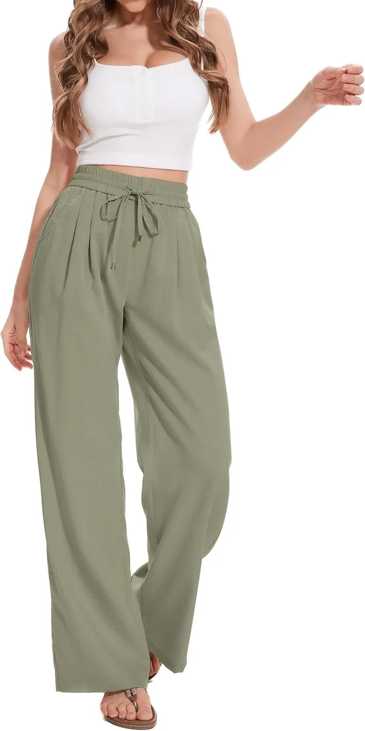 FUNYYZO 2025 Women Summer Pants Drawstring Waist Wide Leg Pants Loose Fit with Pockets Pull On