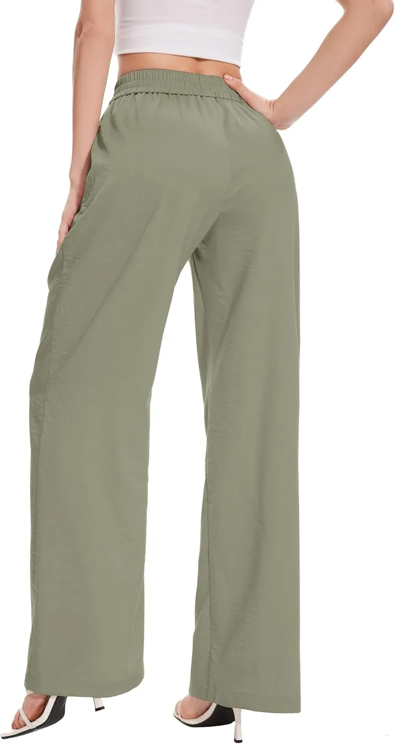 FUNYYZO 2025 Women Summer Pants Drawstring Waist Wide Leg Pants Loose Fit with Pockets Pull On