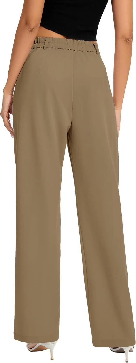 FUNYYZO Women Long Dress Pants High Waisted Work Pants Dressy Casual Straight Leg Elastic Waist Trousers