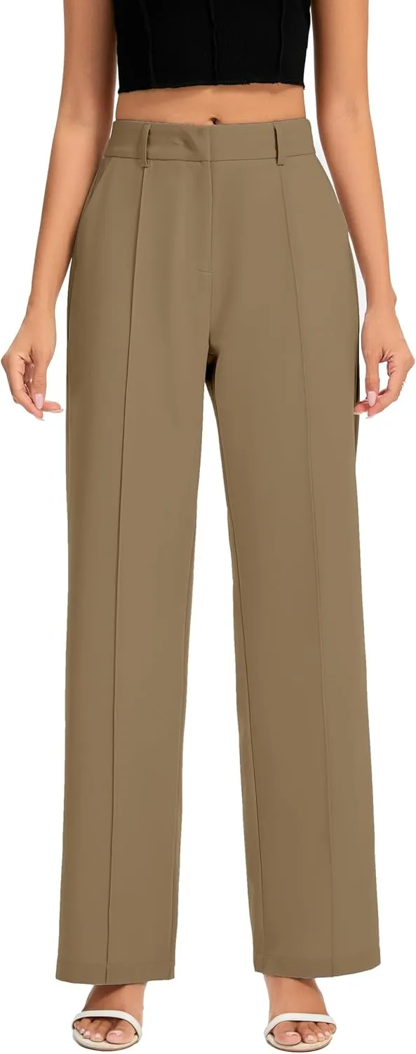 FUNYYZO Women Long Dress Pants High Waisted Work Pants Dressy Casual Straight Leg Elastic Waist Trousers