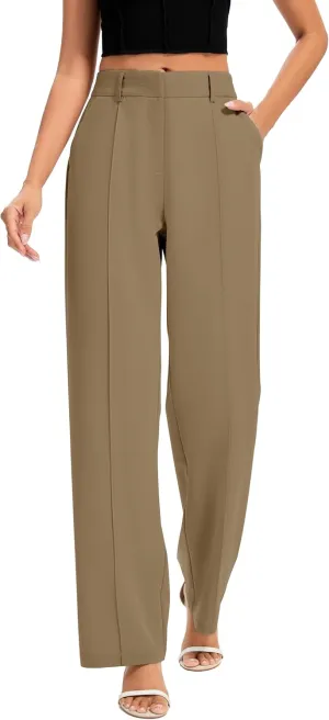 FUNYYZO Women Long Dress Pants High Waisted Work Pants Dressy Casual Straight Leg Elastic Waist Trousers