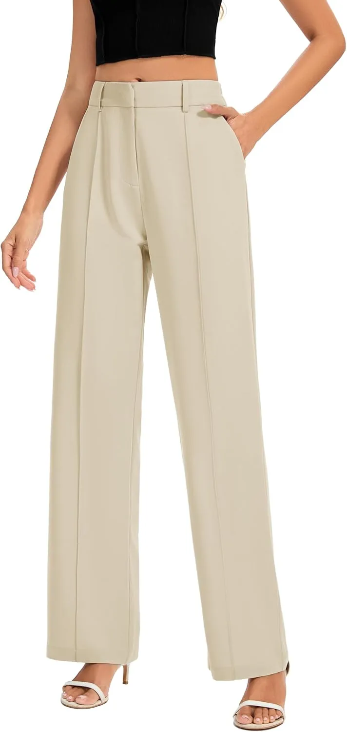 FUNYYZO Women Long Dress Pants High Waisted Work Pants Dressy Casual Straight Leg Elastic Waist Trousers
