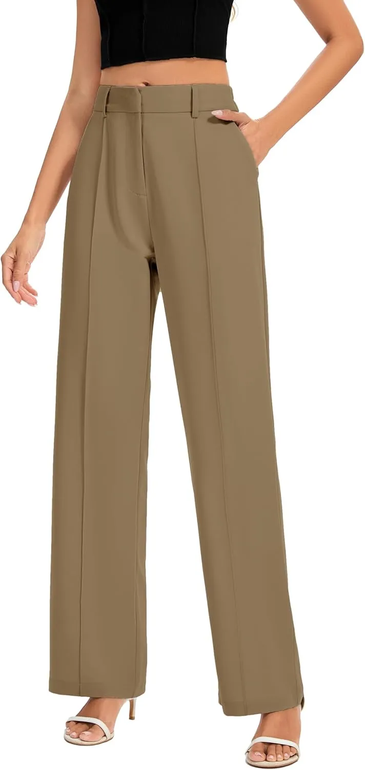 FUNYYZO Women Long Dress Pants High Waisted Work Pants Dressy Casual Straight Leg Elastic Waist Trousers
