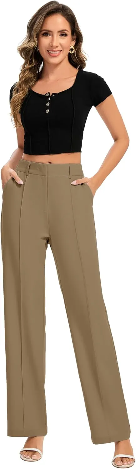 FUNYYZO Women Long Dress Pants High Waisted Work Pants Dressy Casual Straight Leg Elastic Waist Trousers