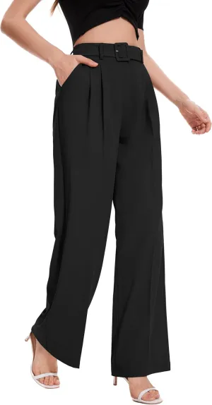FUNYYZO Women's High Waist Wide Leg Pants Business Work Office Casual Long Pants Belted Trousers