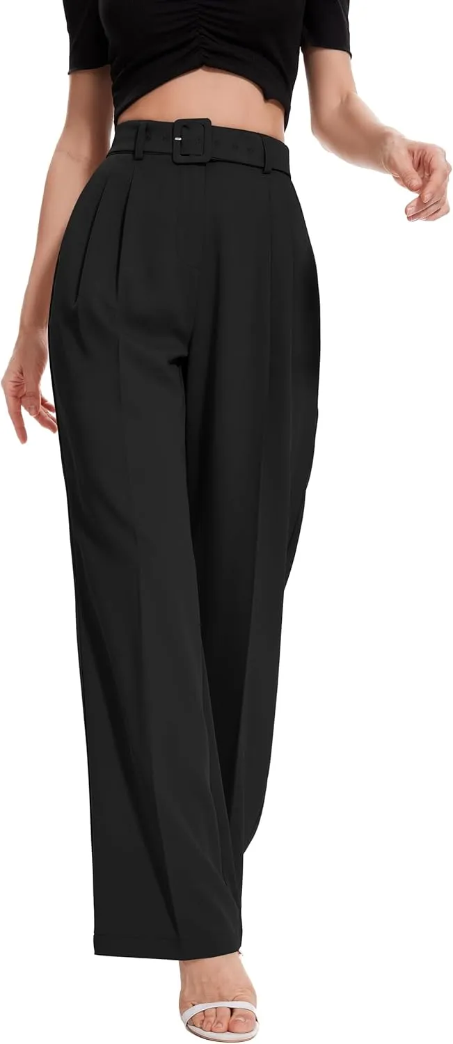 FUNYYZO Women's High Waist Wide Leg Pants Business Work Office Casual Long Pants Belted Trousers